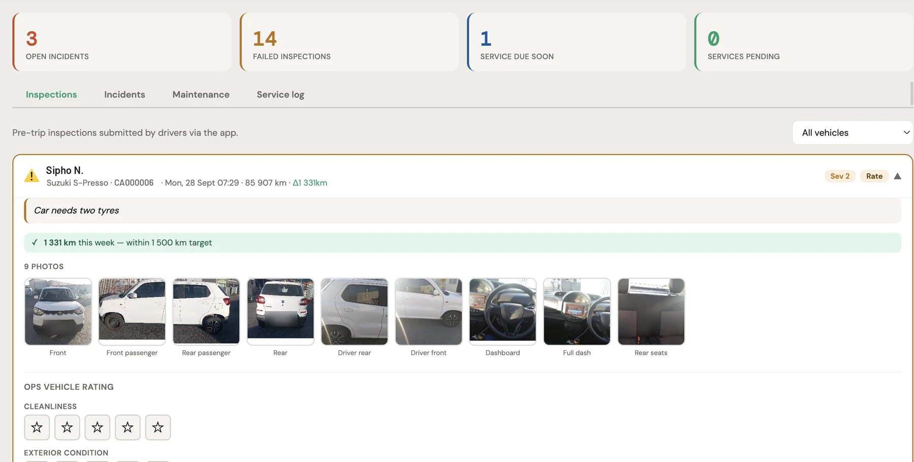 Vehicle management: incidents, failed inspections and services due, with a nine-photo pre-trip inspection