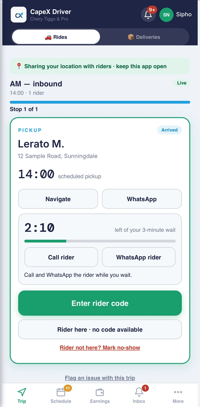 Driver app: arrived at pickup with a 3-minute wait timer and call and WhatsApp buttons