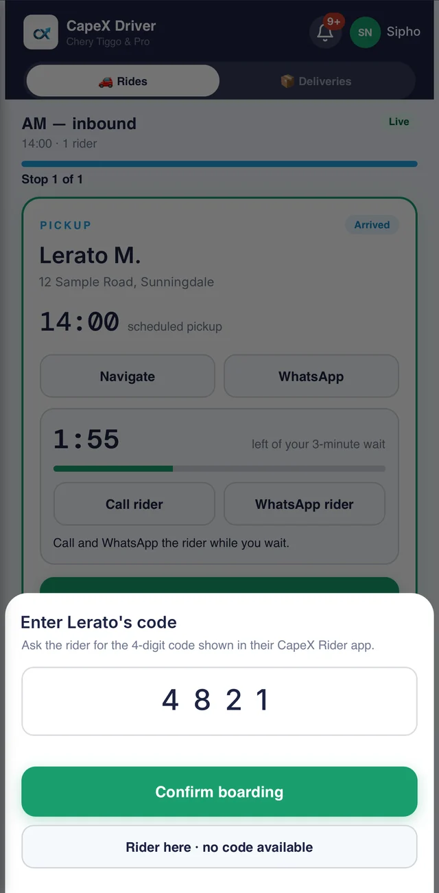 Driver app: entering a rider's boarding code