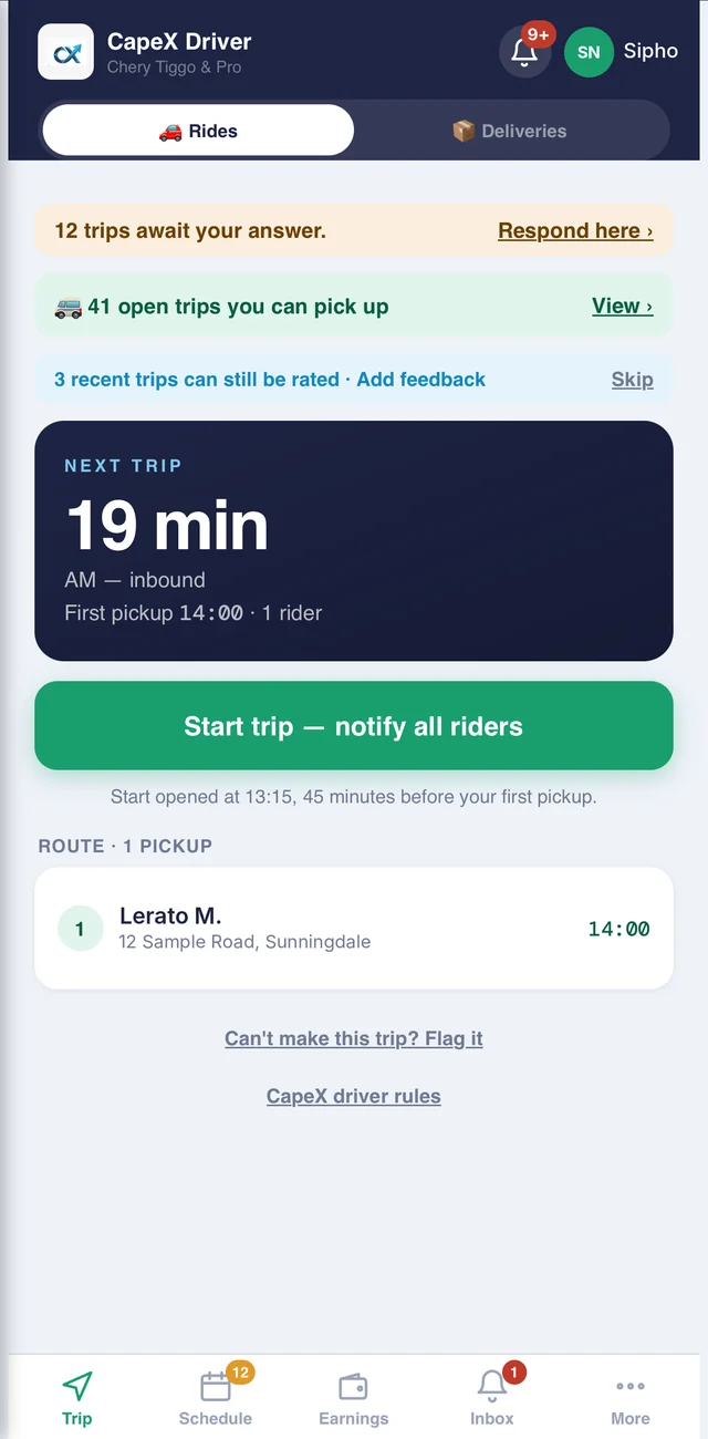 Convoi OS driver app: the next trip, a countdown and the route