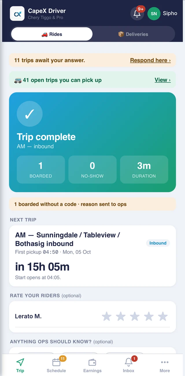 Driver app: trip complete summary with boarded, no-show and duration, and a boarding without a code reported to ops