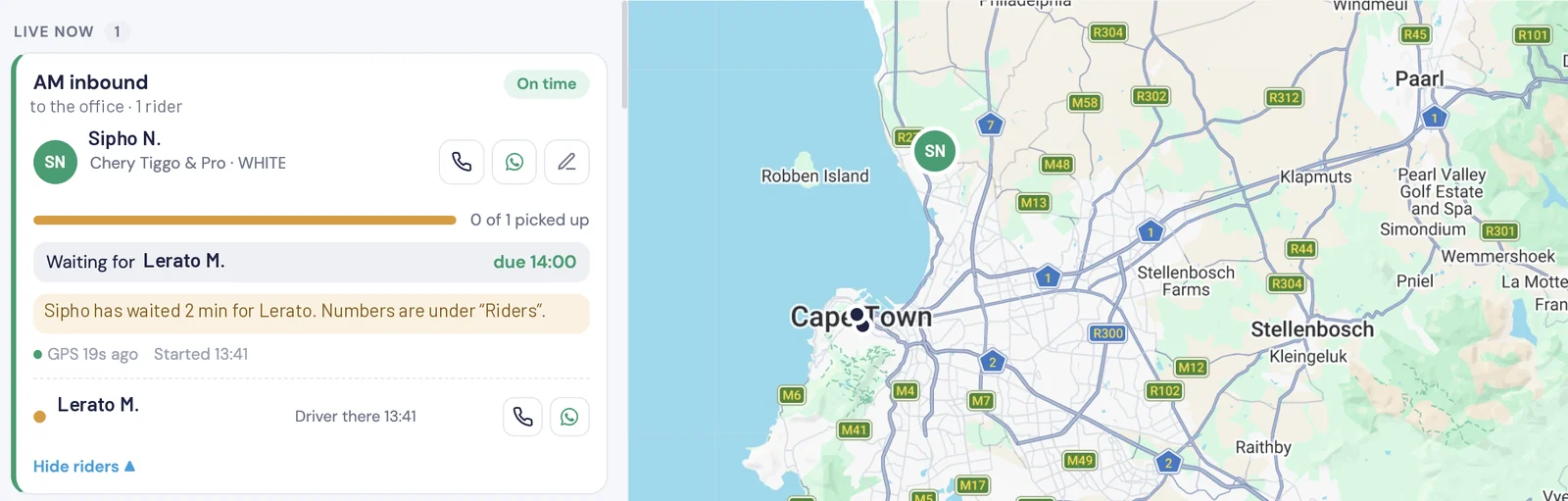 CapeX Live Ops: driver waiting at a pickup, wait time flagged to ops, car shown on a map
