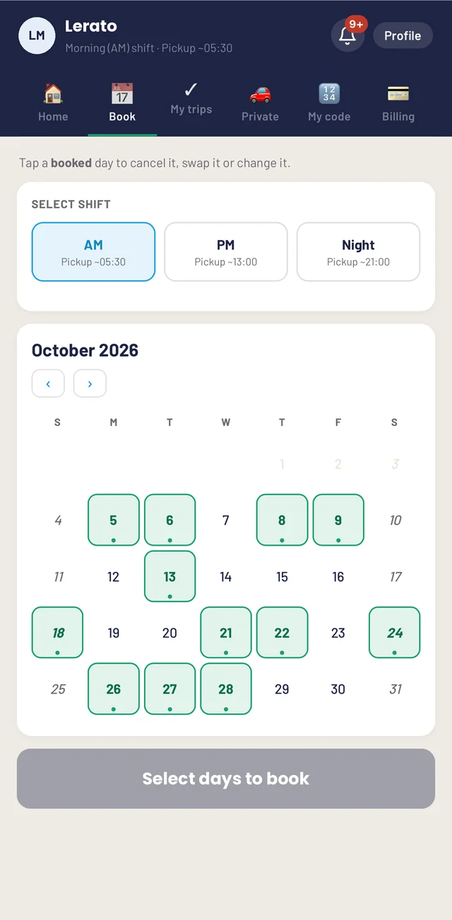 Rider app: booking the month by shift