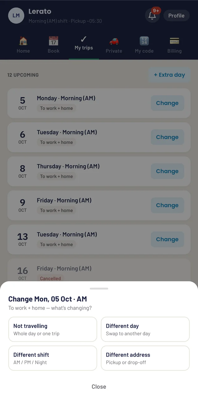 Rider app: changing a trip, with options for not travelling, a different day, shift or address