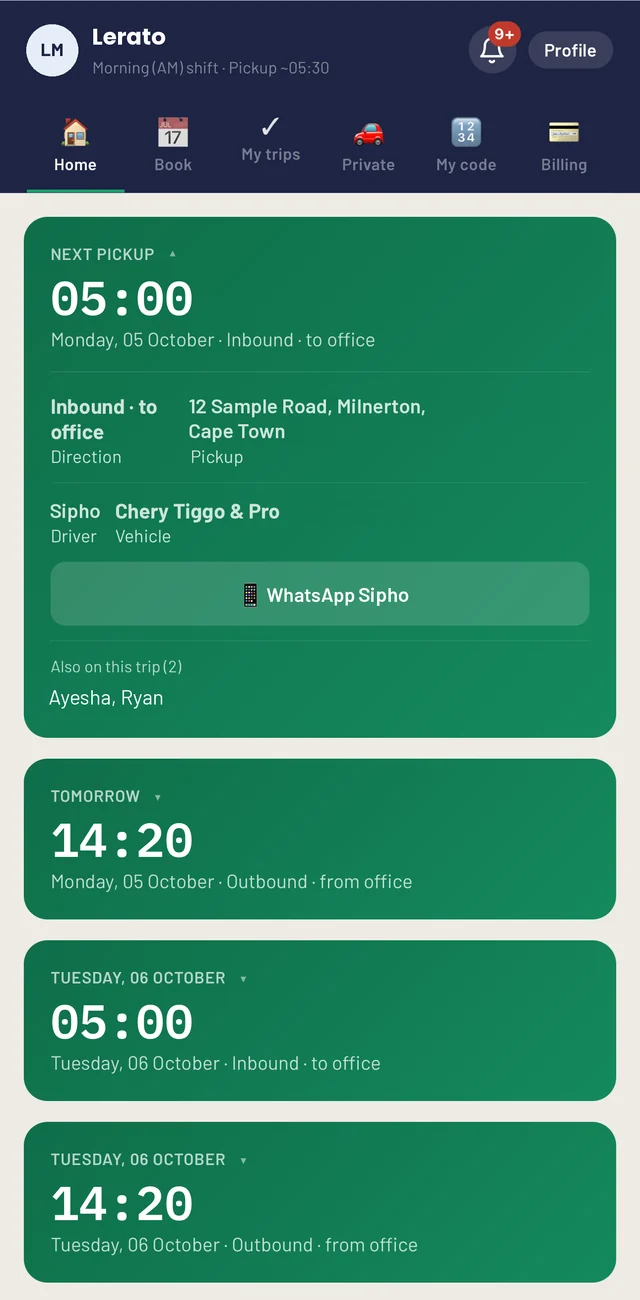 Rider app home screen with the next pickup