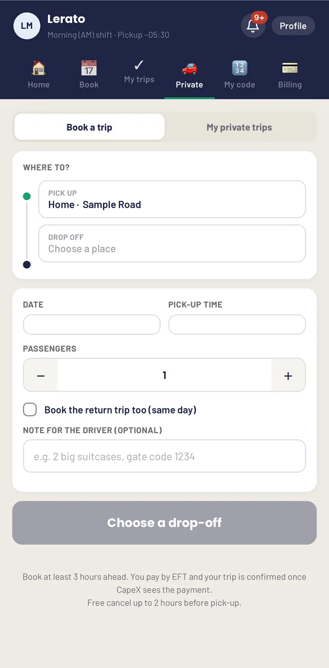 Booking a private trip with pick-up, drop-off, date, time and passengers